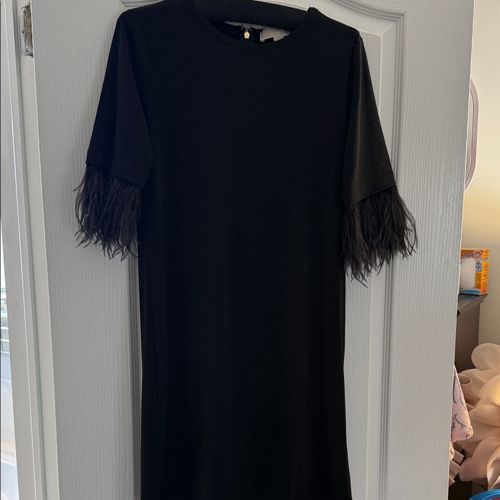 MICHAEL Michael Kors Black Short-Sleeve Feather-Trim Dress